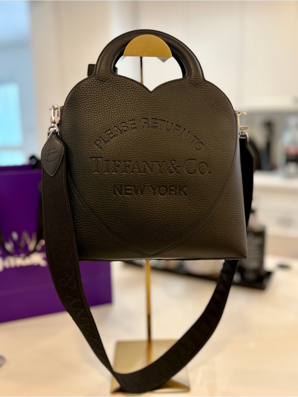 Tiffany & Co. Black Pebbled Leather Heart Crossbody Bag Large